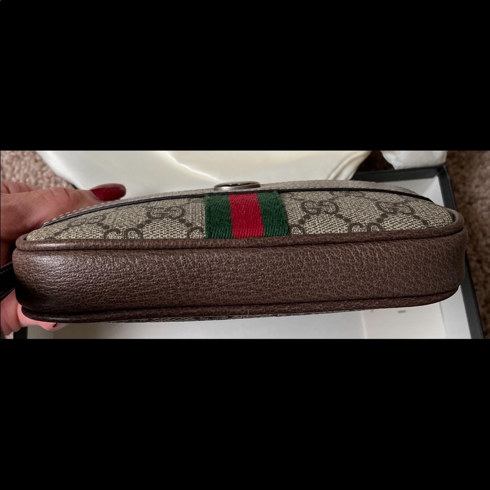 Gucci Brown Beige GG Canvas Web Stripe Wristlet Clutch - Picture 6 of 6